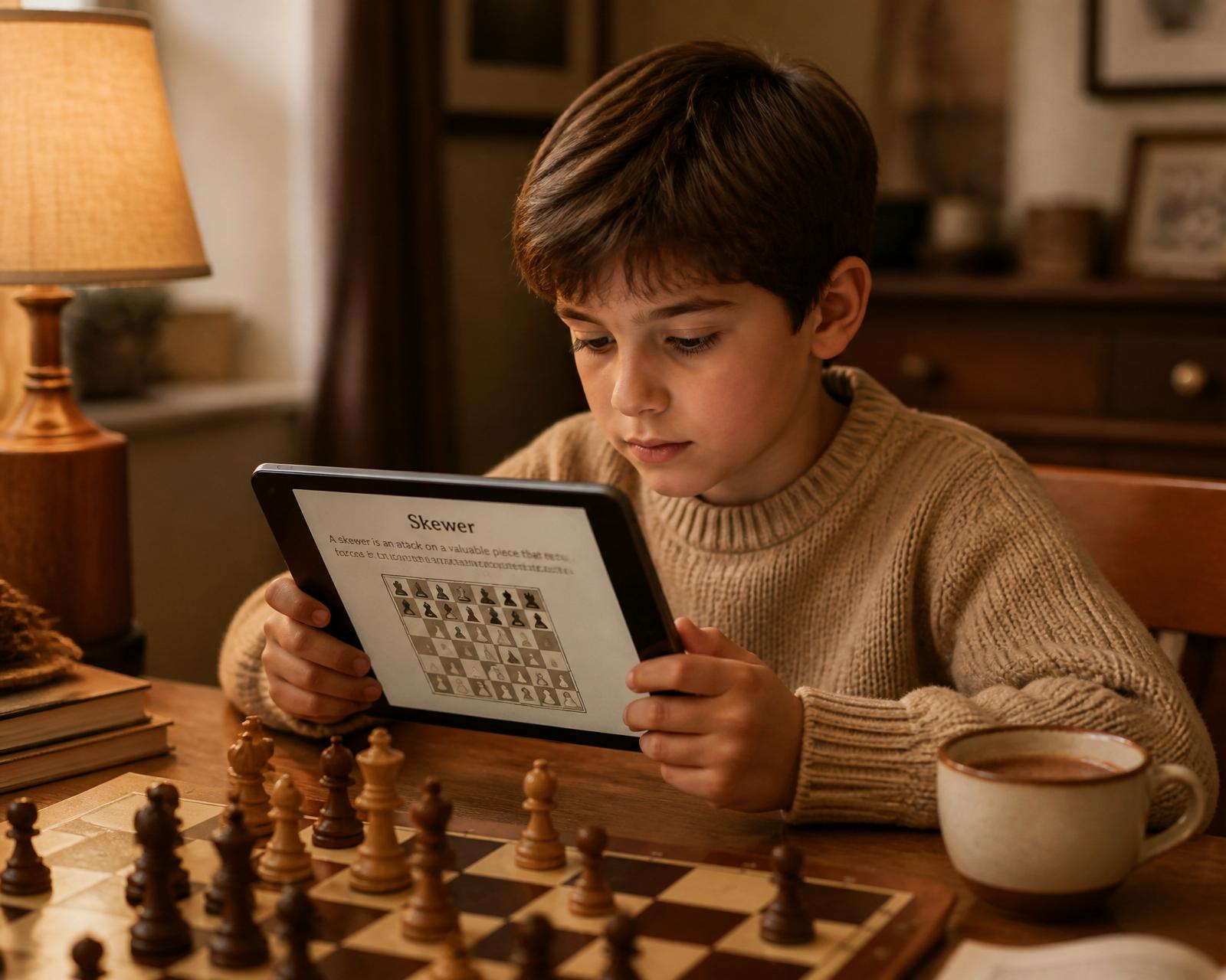 A child reading a chess lesson on a tablet