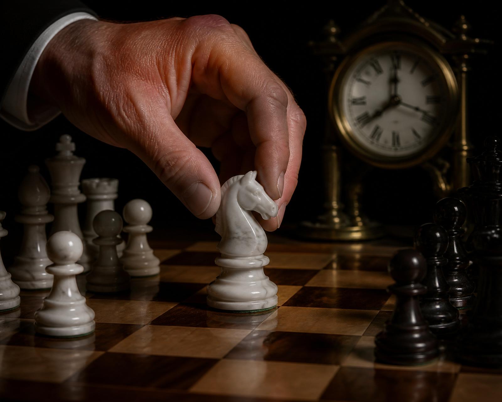 Hand moving a marble chess knight under warm spotlight