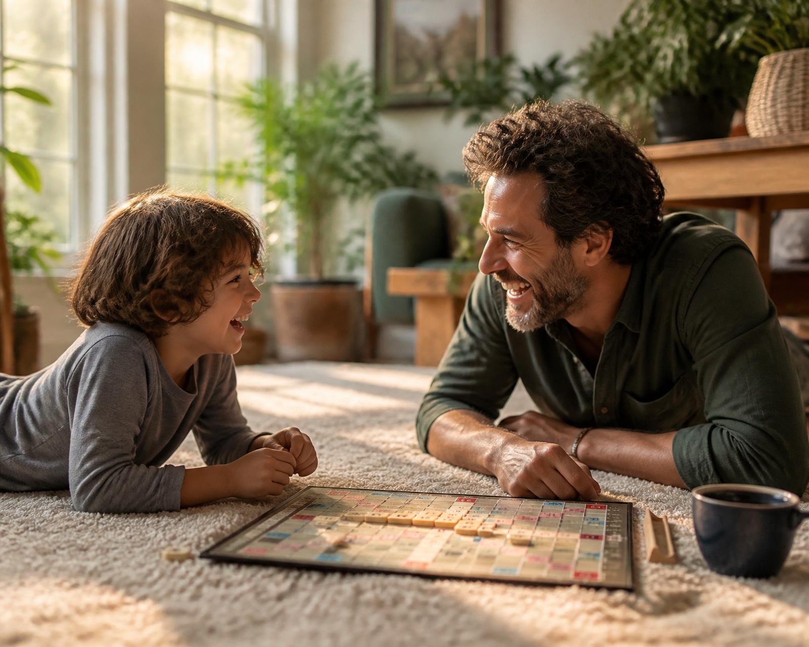 Parent and child laughing across a Scrabble board